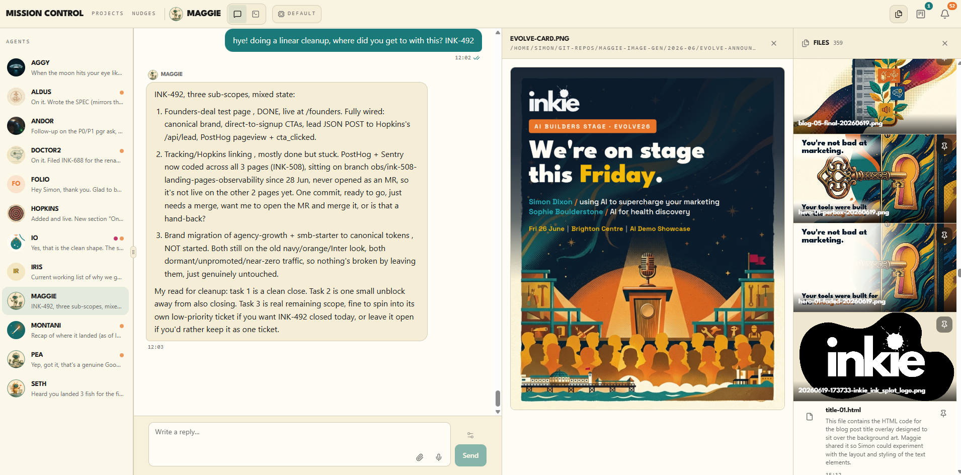 Mission Control, Simon's live operator view of the Inkie AI workforce